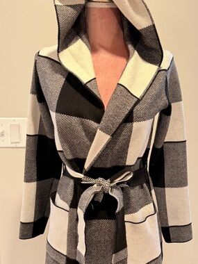 Tahari Black and White Hooded Plaid Cardigan Coat